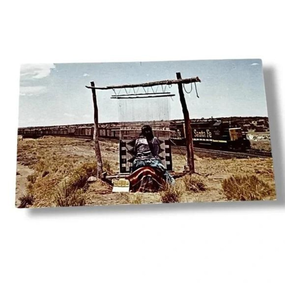 Postcard Santa Fe Railway Passing Indian Rug Weaver Gallup New Mexico C366